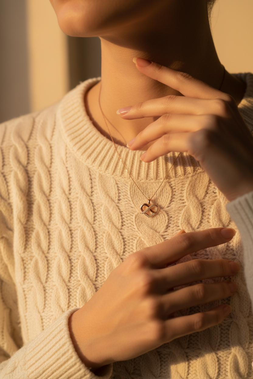 Woman touching Endless Love infinity heart necklace, golden hour lifestyle photo