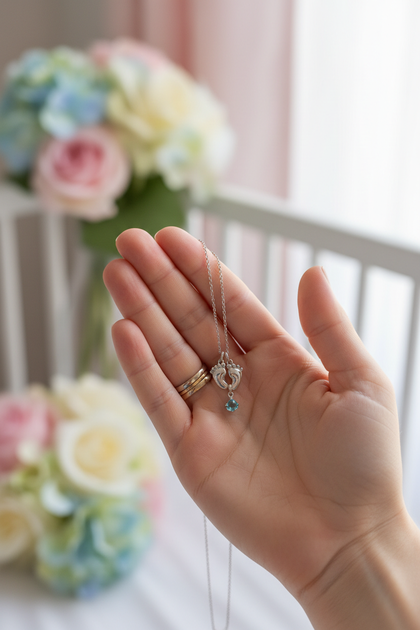 Mother's hand holding birthstone baby feet necklace, soft pastel nursery lifestyle photo