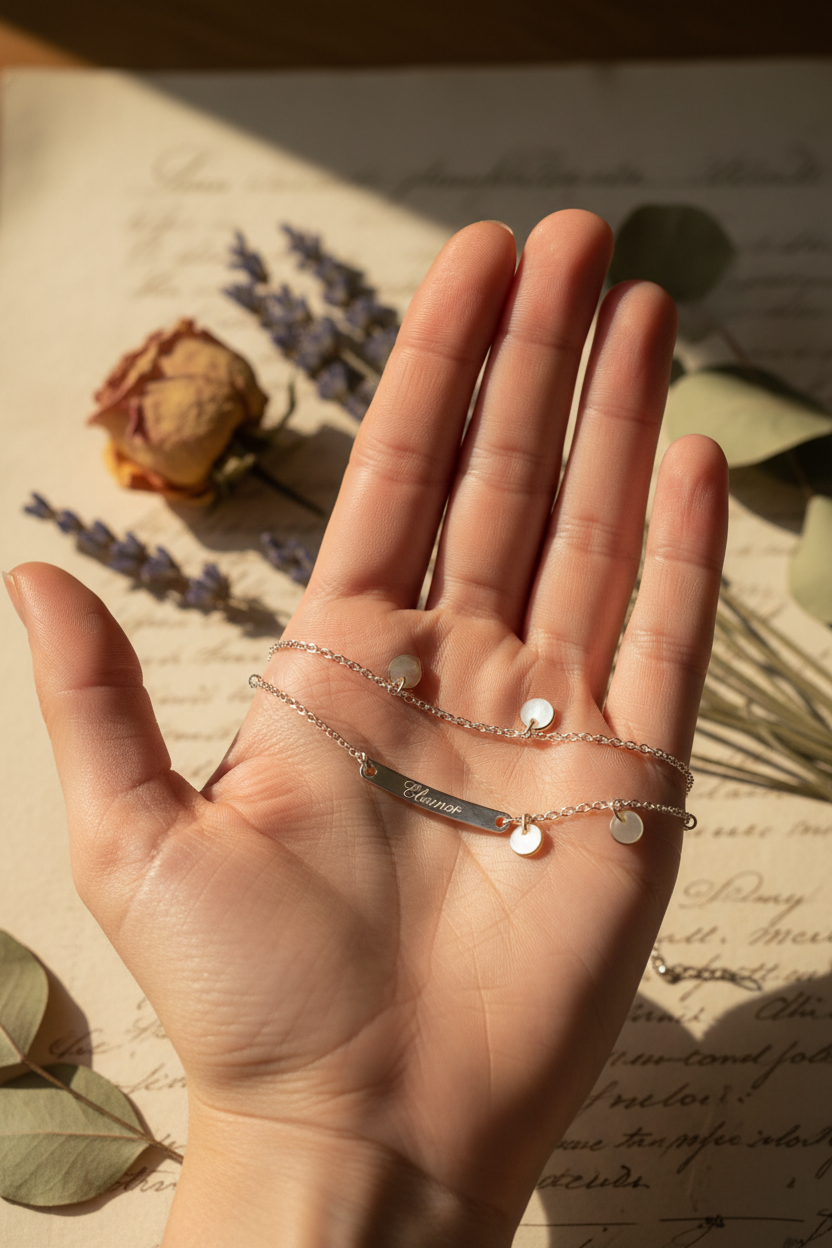 Personalized memory bracelet on open hand, handwritten letter and dried flowers lifestyle photo