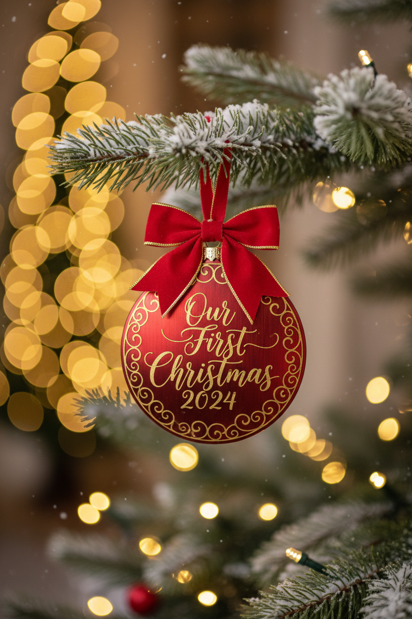 Personalized Christmas ornament on snow-dusted pine branch with warm bokeh fairy lights