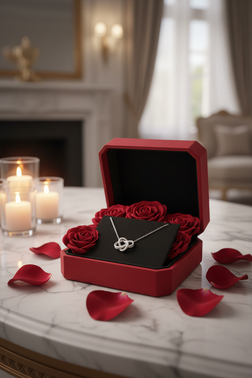 Red rose gift box with love knot necklace on marble, candlelight lifestyle photo