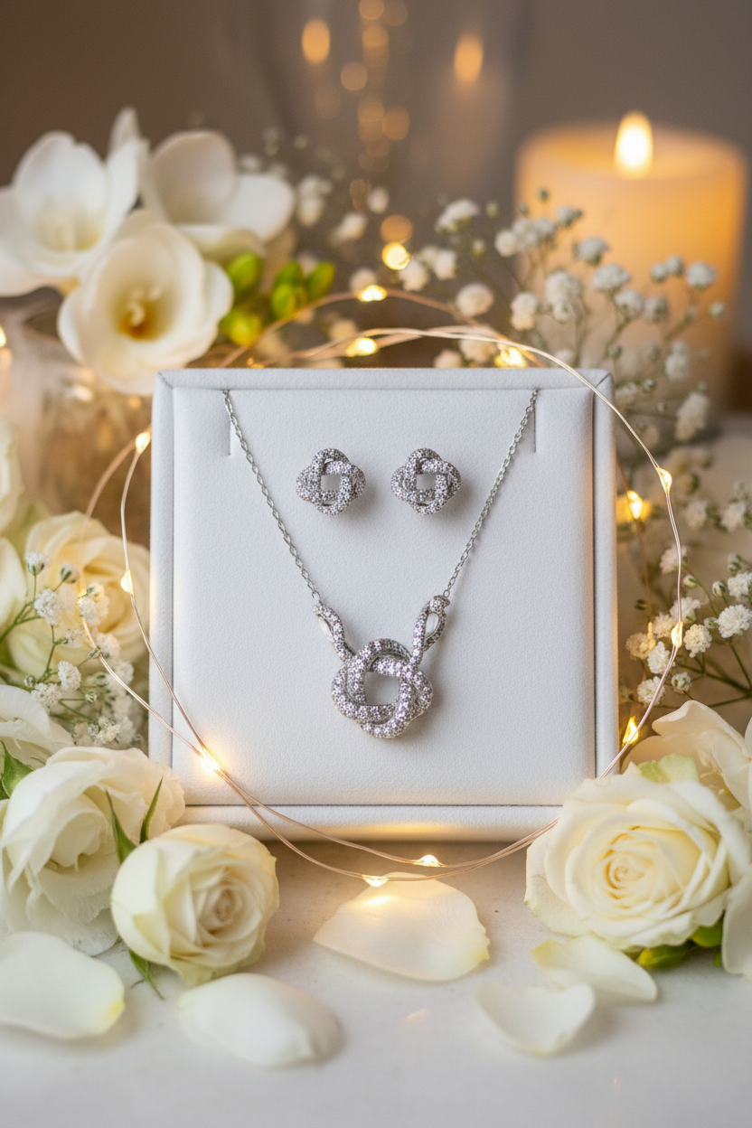 Love knot necklace and earrings on white velvet tray with flowers and fairy lights